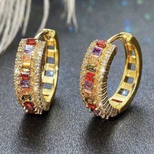18k Gold Plated Muli-Colored Diamond Hoop Earrings